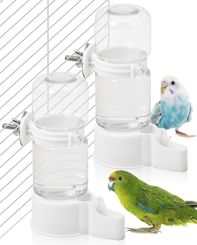 BNOSDM Automatic Bird Water Dispenser 2 Pcs No Mess Parrot Cage Water Feeder Drinker Suspended Bird Drinking Device Parakeet Cage Accessories for Budgies, Cockatiel, Conure, Canary, Finch (White)