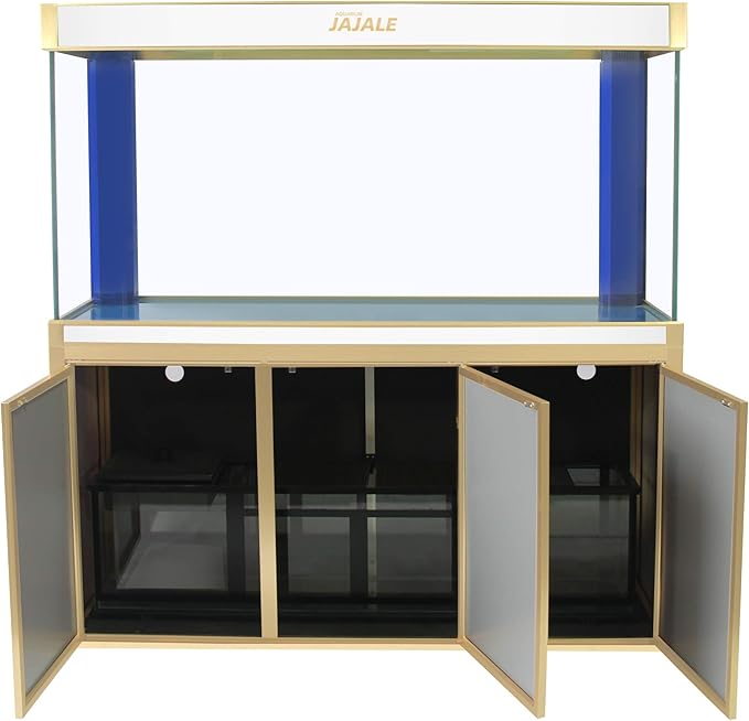 175 Gallon Glass Aquarium with Aluminum Cabinet - Including Sump for Filtration and Circulation, Plumbing, LED, White with Gold Trim