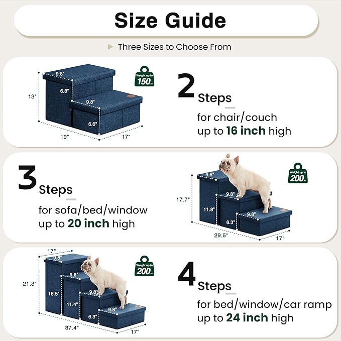 Love's cabin Dog Stairs with Storage 13" H, Foldable Pet Stairs for Small Medium or Large Dogs, Cat Puppy Steps Ramp with Zip up to 150 lbs, Navy Blue, 2 Steps