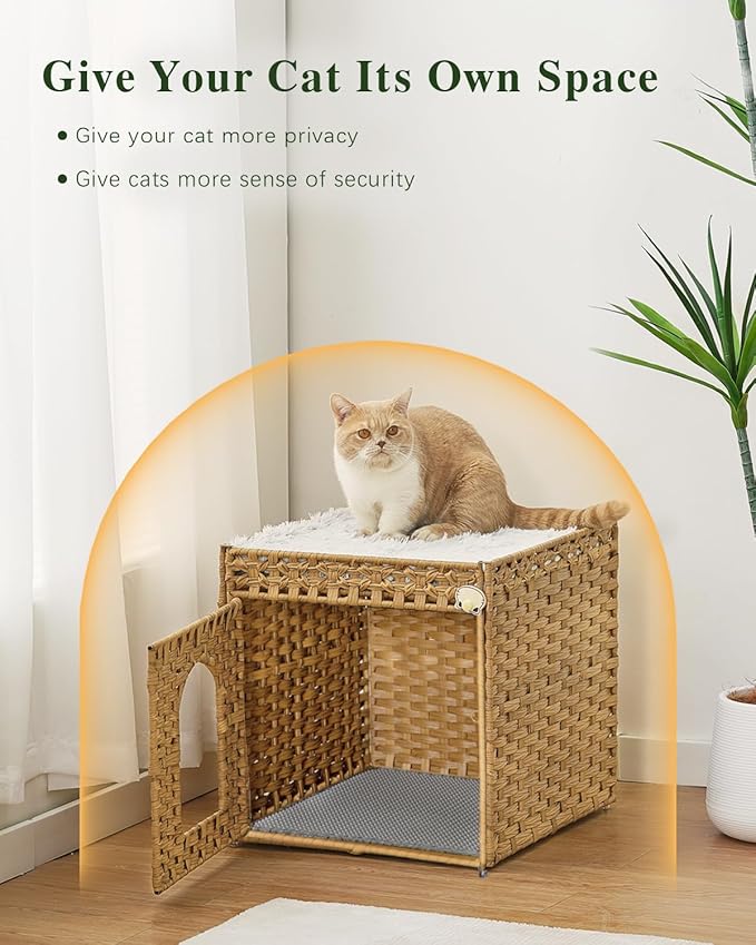 Cat Litter Box Enclosure Furniture with One Cat Bed Pad, Hidden Litter Box Handwoven Rattan Cat House with Two S-Shaped Hooks for Living Room, Bedroom, 18.5 x 20.5 x 19.1 Inch,Natural