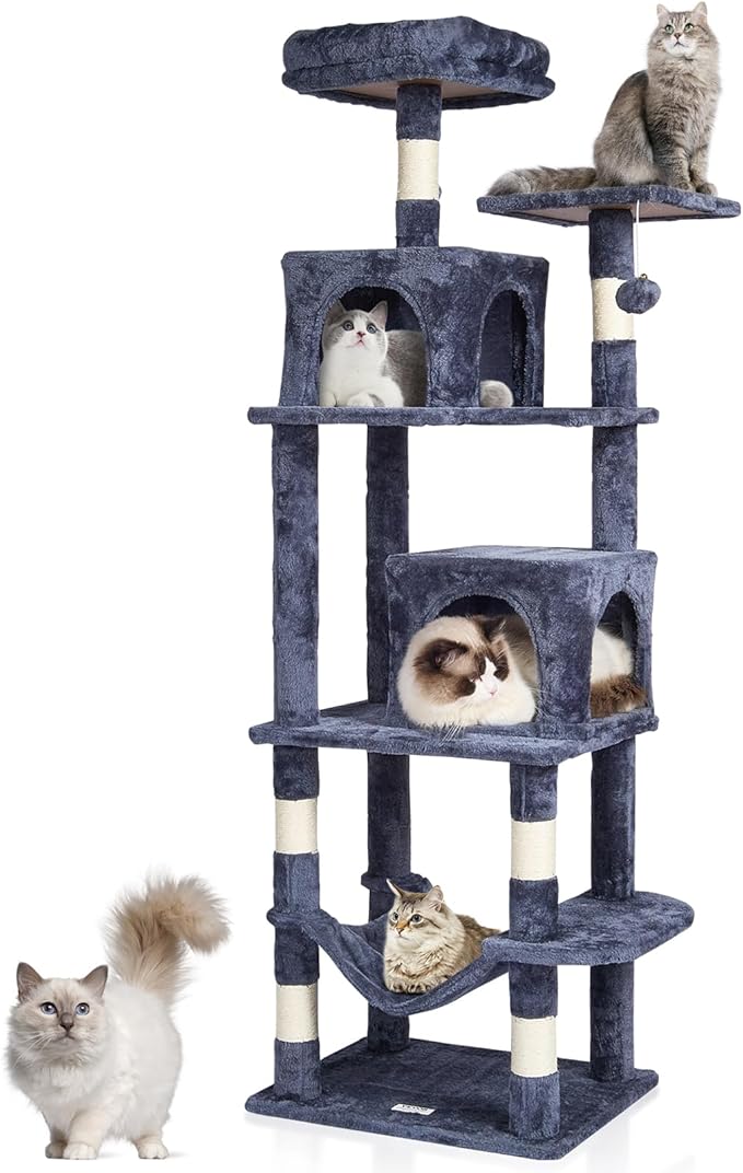 VEVOR Cat Tree for Indoor Cats, 63" Cat Tower with 2 Cat Condos, Sisal Scratching Post, Hammock, Top Perch, Jumping Platforms, Large Cat Furniture Activity Center with Hang Ball, Dark Grey