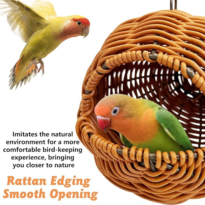 BNOSDM Rattan Parrot Nesting House Bird Nest Parakeet Hanging Swing Soft Lovebird Warm Bed Sleeping for Parrots Bird Cage Accessories for Cockatiels Budgerigars Finches Canaries (Khaki & Brown)