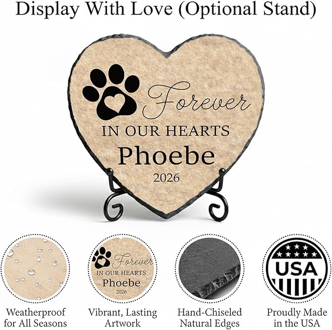 Personalized Dog Memorial Stone, Forever in Our Hearts Paw Print Heart Plaque, Pet Loss Gift for Dogs (S-20)