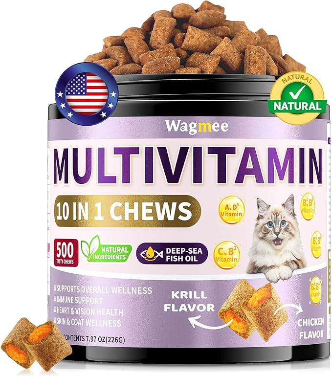 Cat Multivitamin with Fish Oil, 10 in 1 Taurine for Cats Vitamins Treats - 500 Crunchy & Creamy Chews Supports Energy, Bone, Joint, Skin & Coat Health - with Omega 3s, Biotin for All Breeds & Ages