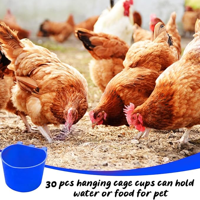 30 Pcs Chicken Coop Feeder Water Cup,8 oz Cage Cups Chicken Feeder Waterer, Cage Cups Birds Hanging Feeders, Chicken Feeder Water Bowl for Parakeet Poultry Pigeon Bunny Wire Cage (Blue)