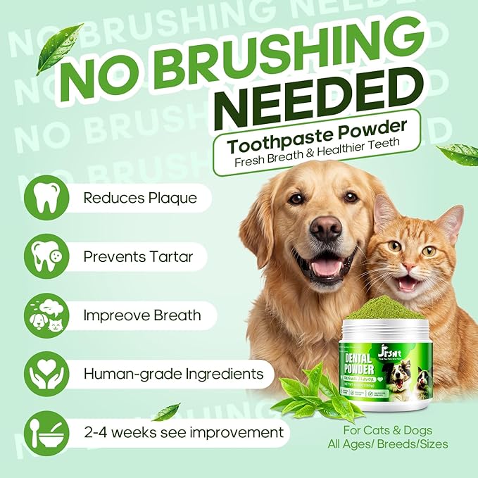 Dog Dental Powder, Dog Teeth Cleaning Powder, Natural Herbal Blend with 5 Probiotics and Lysozyme, Plaque Off Pet Tooth Cleaning, Bad Breath &Tartar Remover for Dogs All Breeds-180g