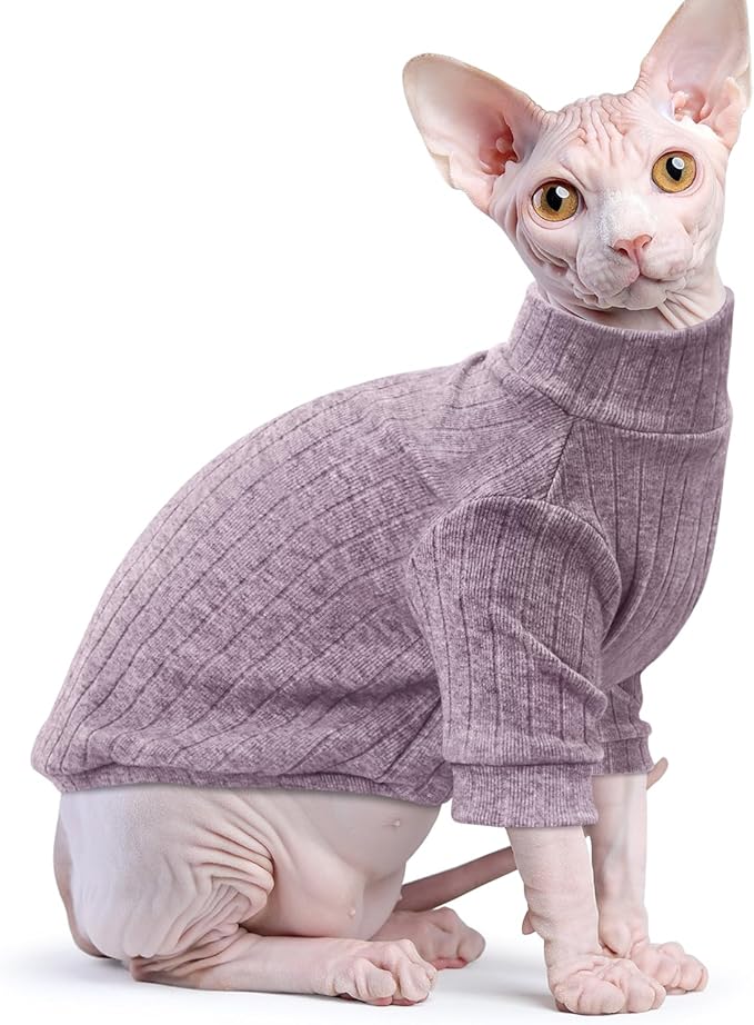 Idepet Sphynx Hairless Cats Sweater Shirt Kitten Soft Puppy Clothes Pullover Cute Cat Pajamas Jumpsuit Cotton Apparel Pet Winter Turtleneck for Cats and Teacup Chihuahua Small Dogs(Purple,L)