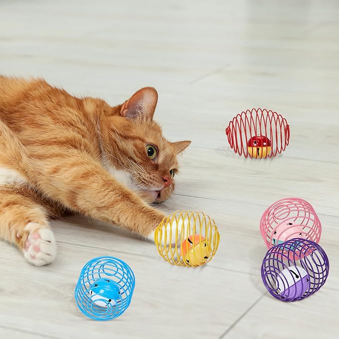 Jecery 5 Pcs Cat Spring Balls Toys Stretchable Rolling Balls Colorful Playful Coils Interactive Action Toy Caged Rats for Kitten Pet Supplies (Bell,Multicolor)