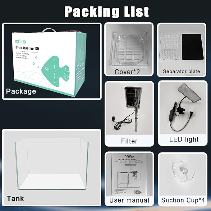 3 Gallon 12.6" L Fish Nano Glass Aquarium, with Separator Plate for Betta, Multi-Functional Square Fish Tank with Filter, LED Light, White 4mm Glass