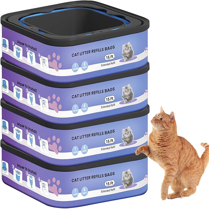 Litter Refill Bags Cartridges Compatible with Litter Genie – Extra Thick Leak-Proof Cat Waste Liners, Strong Odor Control, Tear-Resistant Easy Replace Refills，4 Pack