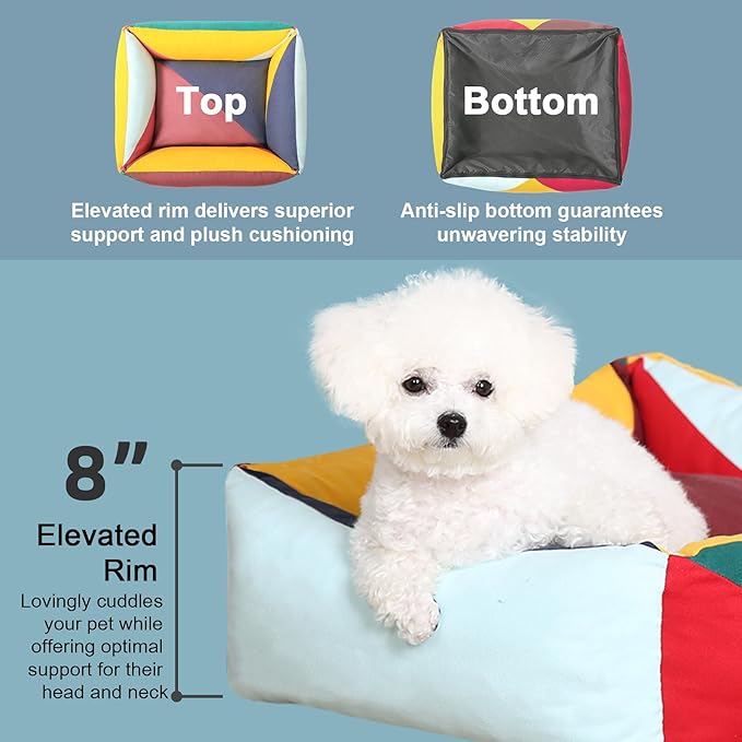 Washable Rectangle Dog Bed with Removable Cover, Color-Block Gingham Cotton Puppy Sofa, Breathable Scratch Resistant Pet Bed, Small