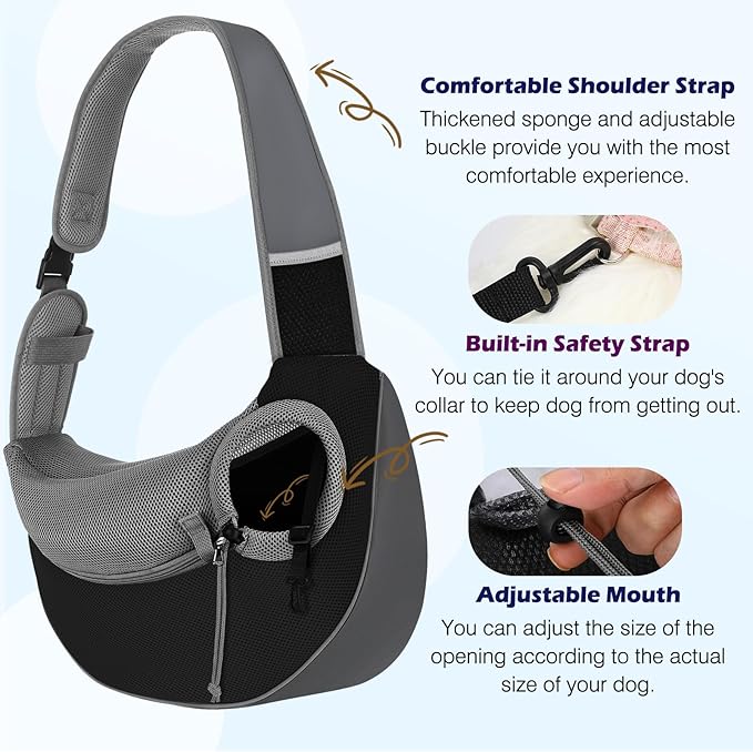 Pawaboo Pet Dog Sling Carrier, Hand Free Drawstring Dog Papoose with Adjustable Strap, Breathable Mesh Bag for Puppy Cat, Crossbody Satchel Dogs Purse with Pocket for Outdoor, Dark Gray+Black, Large