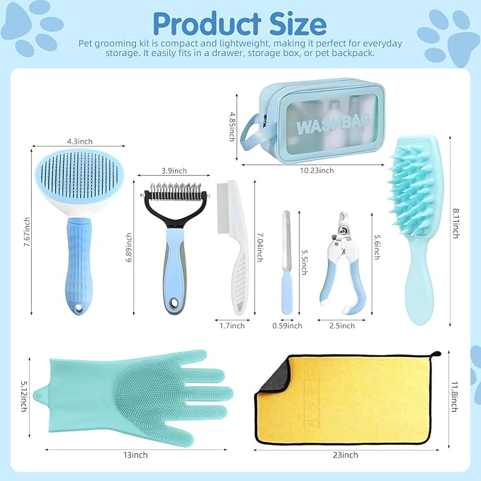 Aglads 3PCS Cat Rabbit Bunny Dog Grooming Kit, Self-Cleaning Slicker Cat & Dog Brush for Shedding, Fine-Needle Comb, Pet Nail Clipper & File for Long/Short-Haired Pets, Easy to Remove Loose (3, blue)