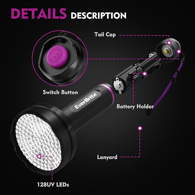 EverBrite UV Flashlight, 128 LED Blacklight Flashlights, 395nm Black Light Flashlight for Pet Urine Detection, Scorpions, Dry Stains, Bed Bug (Batteries Included)