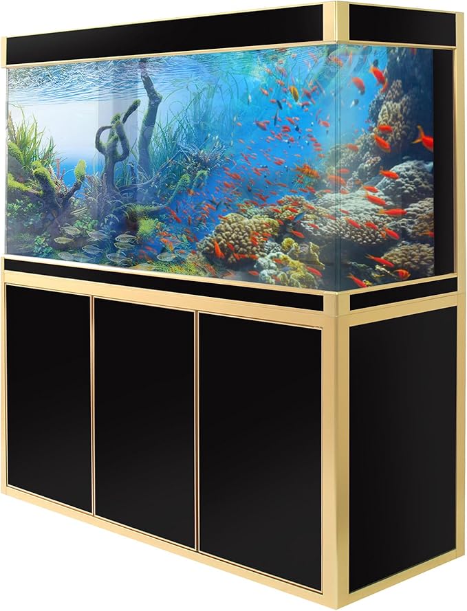 175 Gallon Glass Aquarium with Aluminum Cabinet - Including Sump for Filtration and Circulation, Plumbing, LED, Black with Gold Trim