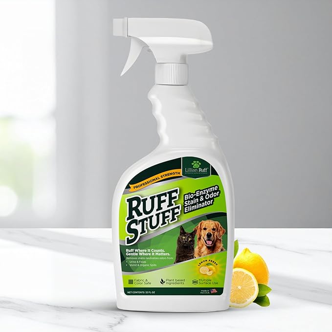 RUFF STUFF Max Strength BioEnzyme Stain Remover Spray & Pet Odor Eliminator: Fabric-Safe Dog & Cat Urine Destroyer & Enzyme Cleaner for Odor & Stain Causing Messes, Spills & Everyday Accidents, 32oz