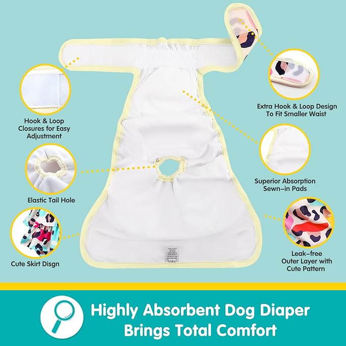 Washable Dog Diapers Female 3 Pack Reusable Premium Highly Absorbent Doggie Diapers, Flexible Puppy Diapers, Durable Leak-Proof Leopard Dog Diapers for Period Heat Incontinence Puppy Training, S
