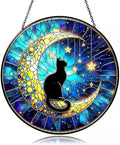 Midnight Black Cat on Moon Stained Glass Suncatcher - Celestial Window Hanging Decor for Feline Lovers, Heartfelt Pet Loss Memorial Gift, Unique Sympathy Decor for Grieving Cat Owners