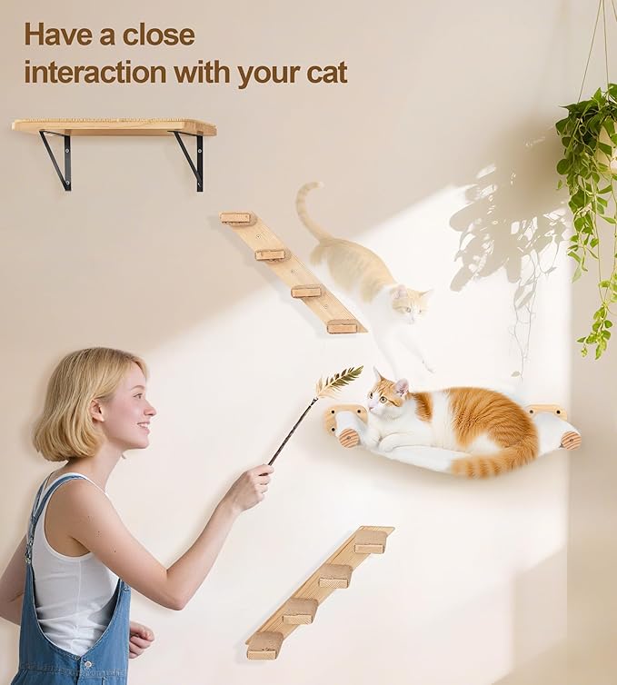 Cat Wall Hammock Set of 4 – 1 Floating Fabric Hammock, 2 Ladders with 4 Steps Each & 1 Flat Shelf – Wall Mounted Cat Bed Furniture Indoor Playground