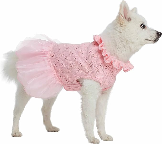 Blueberry Pet My Cutie Princess Ruffle Collar Dog Sweater Dress with Layered Tulle, Pink, Back Length 16", Fall Winter Clothes for Girl Dogs