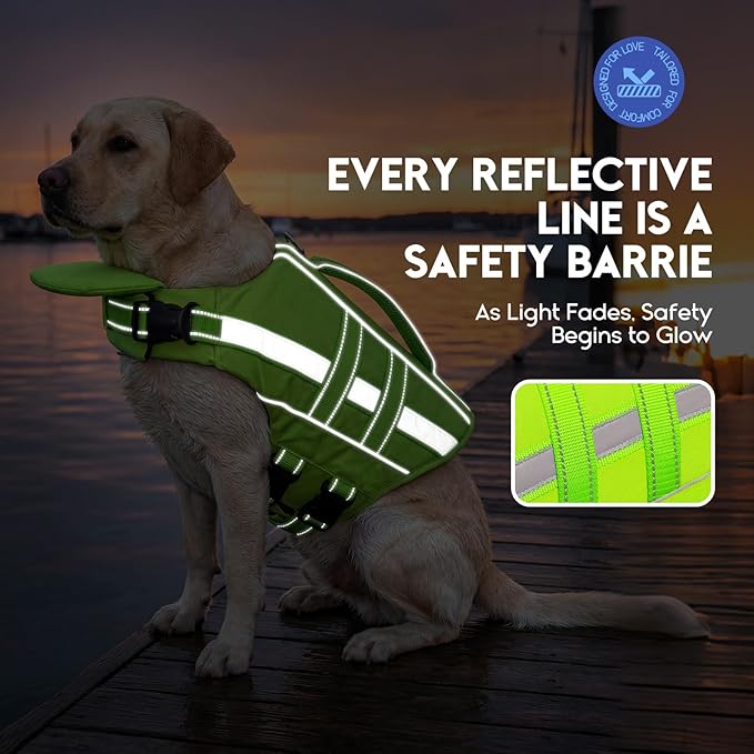 Asenku Removable Front Float Dog Life Jacket, High Buoyancy Dog Life Vest with Reflective Strips & Rescue Handle for Swimming & Boating, Adjustable Life Jacket for Dogs(Green M)