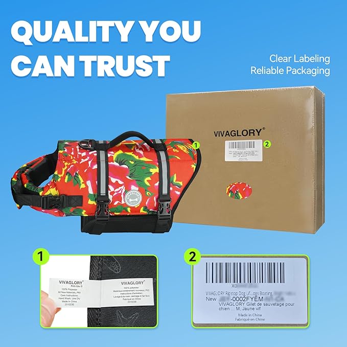 VIVAGLORY Rip Stop Dog Life Vest, Swimming Vest with Handle, Buoyancy for Doggy Puppy, Dog Life Jacket for Swimming & Boating, L, Northeast Florals-Red