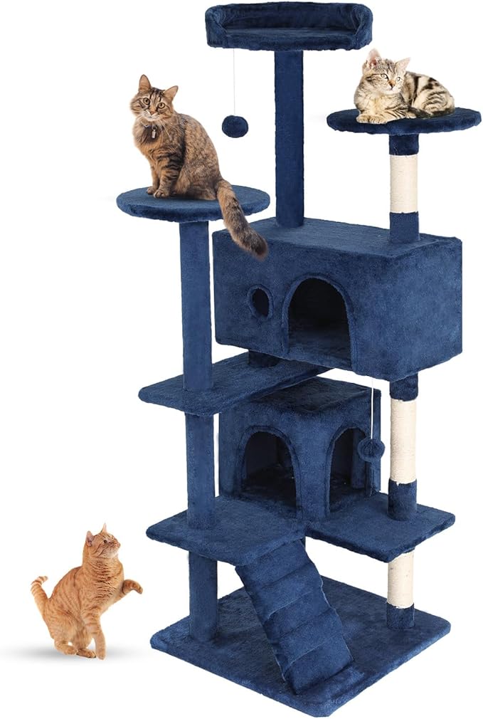 FDW | 54" Cat Tree Tower | Navy Blue | Multi-Level Indoor Activity Center with Sisal Scratching Posts, Condos, Plush Perches, Hanging Cat Toys | Sturdy, Easy to Assemble | for Kittens & Adult Cats