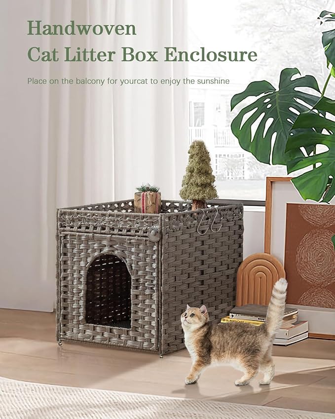 Cat Litter Enclosure with Hidden Litter Mat and Rattan Cat House, Supports Two Litter Boxes, Ideal for Living Room or Bedroom (Gray)