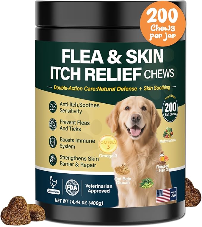 Omega 3-Dog Flea and Tick Prevention Allergy Chews for Dogs Treatment Chewable Natural Flea and Tick Skin and Coat Supplement Immune Dog Chews Yeast Relief Prevention for Dogs Itching and Licking