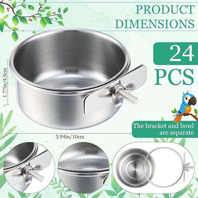 24 Pcs Stainless Steel Parrot Food Bowls Bulk 10 oz Bird Feeding Dish Cups for Cages Bird Bowls with Clamp Pet Water Feeders Cage Accessories for Parakeet Parrot Budgie Rabbit Chicken