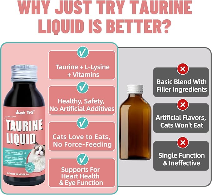 Just Try 3.38 fl oz Taurine Supplement & L-Lysine for Cats Feline Heart Health Immune Support - Sneezing, Runny Nose and Watery Eyes - Chicken Flavor 100ml