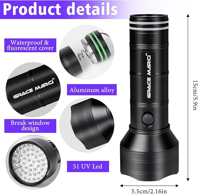 UV Flashlight, 51 LED 395nm Black Light, Ultraviolet Lite UV Light, Pet Urine Detector for Dog/Cat Urine, Dry Stains, Bed Bug, Resin Curing, Scorpions, Dry Pet Stains
