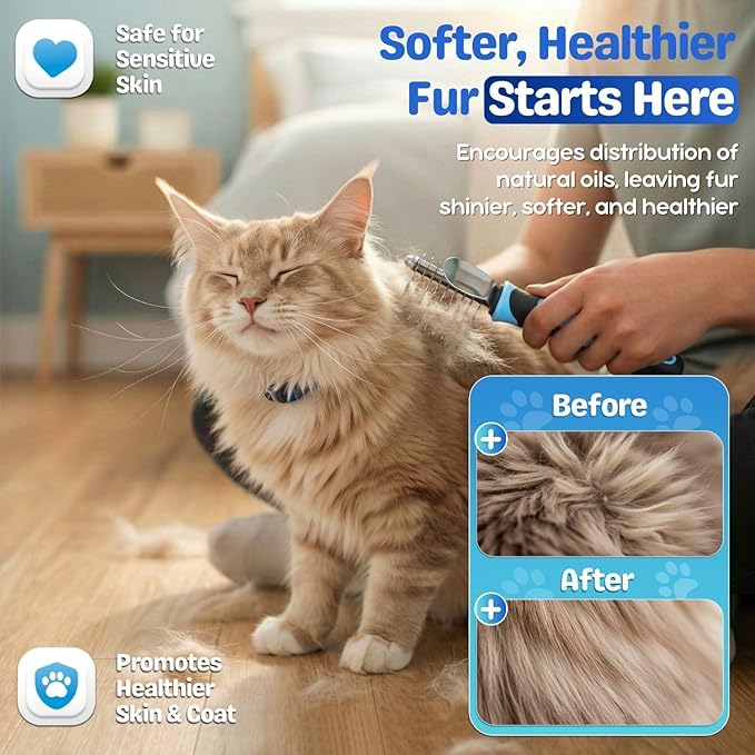 Flexzion Dogs Dematting Comb, Stainless Steel Blades Rakes, for Pets Cats Animals Matted Knotted Hair, Brush Cutting Removing Grooming Tool with Smooth Teeth Needle - Black & Blue Handle
