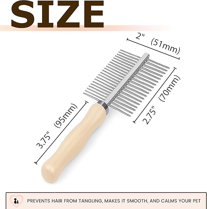 Double Row Undercoat Rake for Dogs & Cats - Wooden Handle Metal Dog Comb, Pet Grooming Dog Rake for Deshedding & Detangling