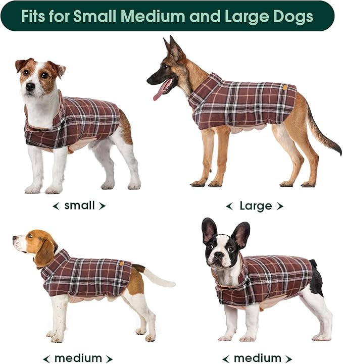 Kuoser Waterproof Dog Coat, Reversible Dog Jacket for Small Dogs, Adjustable Durable Doggie Winter Coat Warm Cozy Puppy Cold Weather Apparel from Small to Large Breed, Brown S