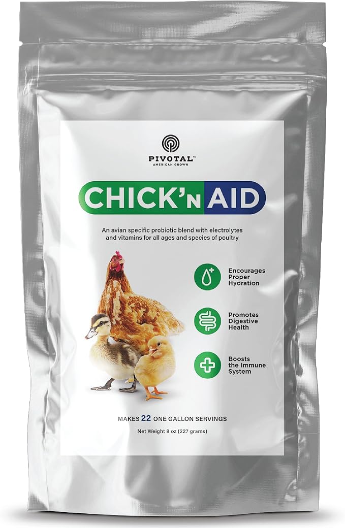 Pivotal Chick’n Aid Chicken Supplement for All Ages (8 oz, Pack of 1) - Chicken Vitamins, Electrolytes, and Probiotics - Multipurpose Poultry Vitamins for Chickens, Ducks, and Turkeys