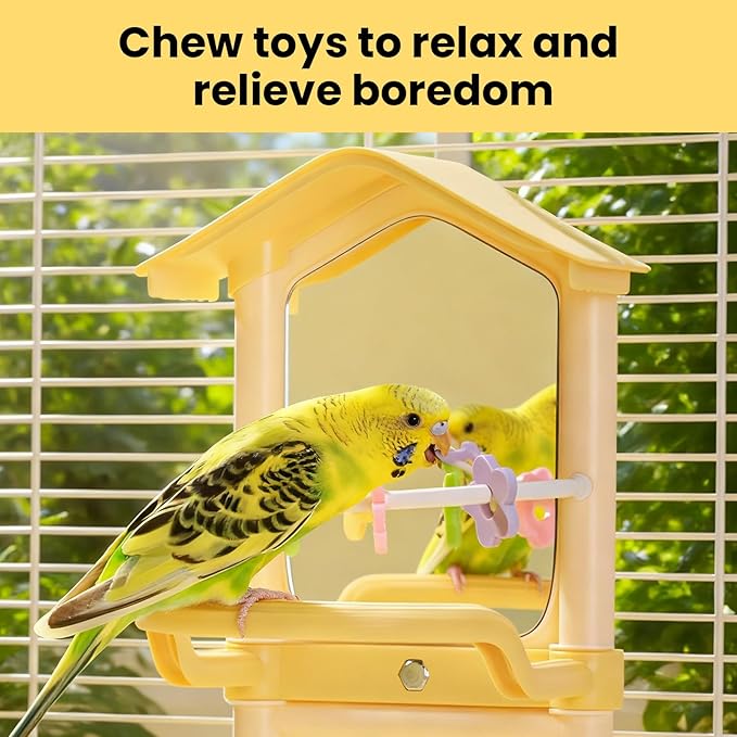 8.1 Inch Pet Bird Mirror with Perch Stand and Parakeet Chew Toys,Parrot Toys Bird Cage Decorative Accessory, Helps Birds Release Stress for Canaries Budgies Lovebirds Conures Cockatiels (Pink)