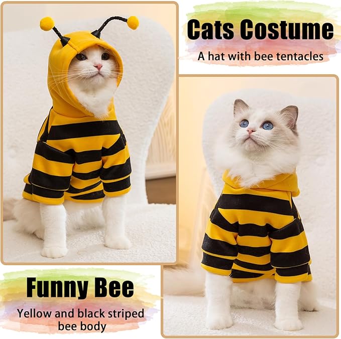 DENTRUN Sphynx Hairless Cats Costume Funny Bee Warm Winter Sweater Cute Pullover Kitten Shirts Breathable Cat Leisure Wear Turtleneck Vest Adorable Cat's Clothes Jacket Pajamas Jumpsuit, XS
