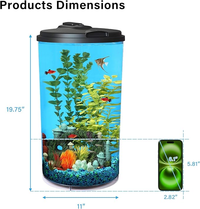 Koller Products Plastic 6-Gallon AquaView 360 Aquarium Kit for Tropical Fish, Betta Fish with LED Lighting and Power Filter Clear, 4-Piece Set
