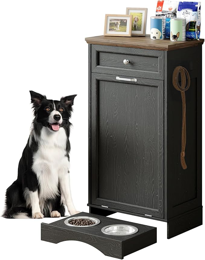 FIMELLO 13 Gallons Dog Feeding Station, Tilt-Out Dog Food Storage Cabinet with Drawer,Pet Feeder Cabinet,Black Oak