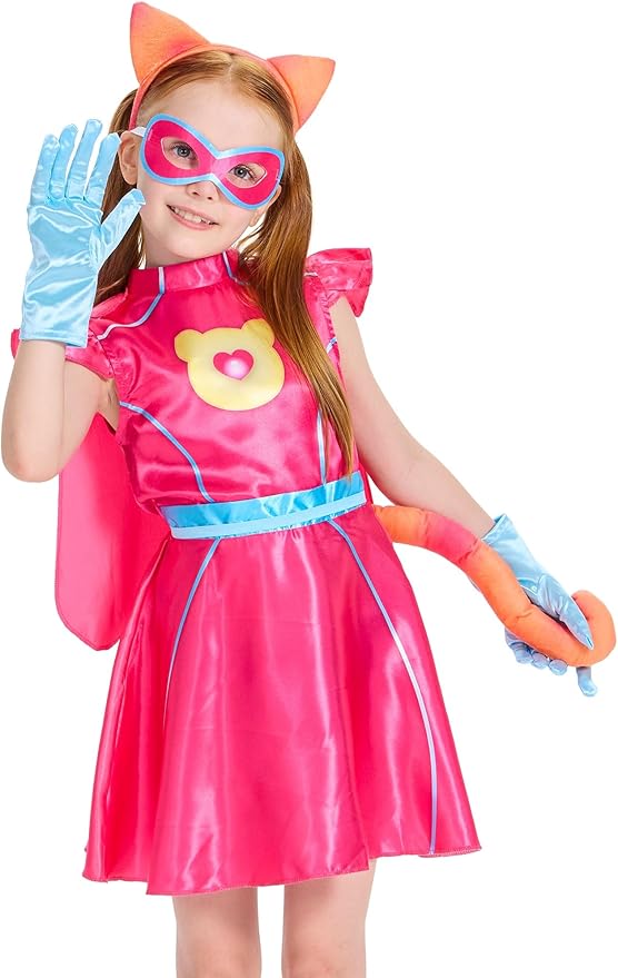 IKALI Pink Kitties Costume for Kids Girls Halloween Superhero Cat Fancy Dress with Cape