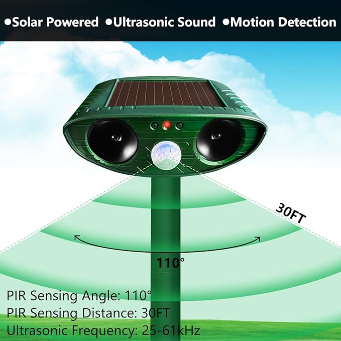 2 Pack Solar Ultrasonic Animal Repellent Outdoor, Cat Deterrent, Squirrel Repellent, Motion Activated Deer Repellent Devices for Squirrel Rabbit Skunk Raccoon Dog Cat Deer Fox Coyote Bird for Garden