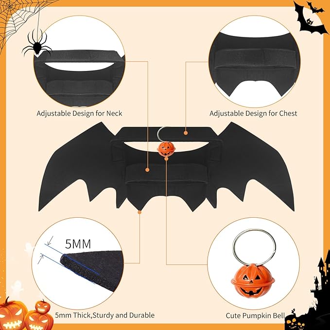 Cat Halloween Costume, Cat Costumes, Small Dog Halloween Costumes - Bat Wing with Pumpkin Bell for Pet Halloween Cosplay Party Dress Up Accessories (Medium)