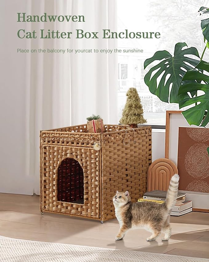 Cat Litter Box Enclosure Furniture, Hidden Litter Box with Mat and Fence, Handwoven Rattan Cat House with Two S-Shaped Hooks for Living Room, Bedroom, 18.5 x 20.5 x 19.1 Inches (Natural)