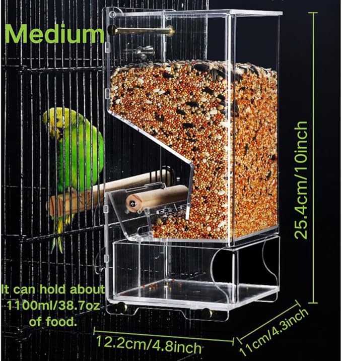 Automatic Bird Feeder, No Mess, Transparent Acrylic, Reducing Waste, Bird Cage Accessories for Parakeet, Canary, Cockatiel, Finch, Conure (Medium)