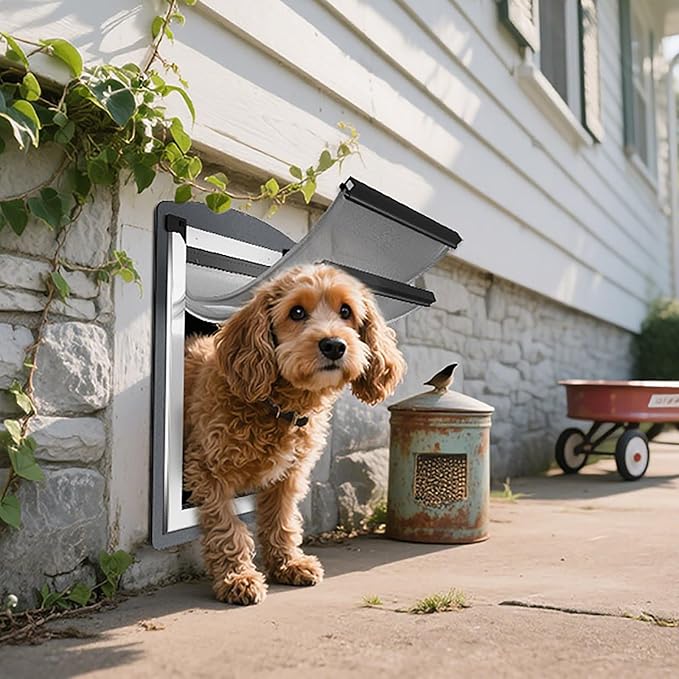 FreeStanding Dog Door for Wall, Steel Frame Doggy Door with Telescoping Tunnel, Double Magnetic Flaps and Double Security Lock Panels, Dog Door for Exterior and Interior Wall, Up to 40lbs, Smoky Gray