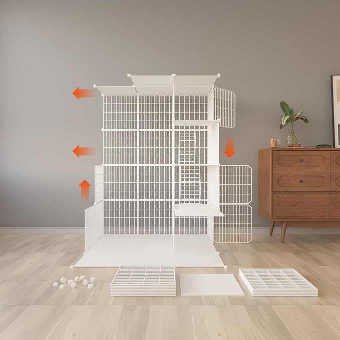 Large 4-Tier Cat Cage Indoor, DIY Cat Enclosures Detachable Metal Wire, Indoor Cat Crate Exercise Place Ideal for Kitty, Small Animals (White, 41" L x 41" W x 55" H, 7)