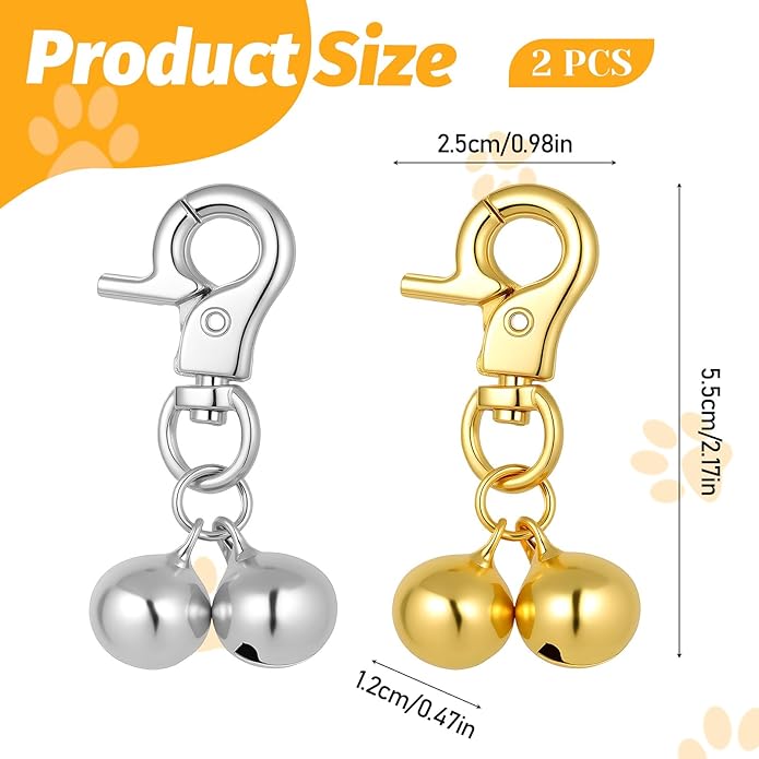 2 Pack Bell for Dog Collars, Pet Training Collar Bells, Cat Collar Bells with Heavy Duty Snap Clips, Pet Pendant Accessories, Pets Bell for Dogs and Cats (Gold, Silver)