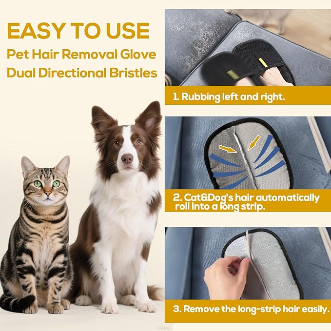 BABORUI Pet Hair Removal Glove - 2 Pack Pet Hair Remover Glove, Electrostatic Gloves Pet Hair Lint Rolls into Strips, Dog and Cat Hair Remover Tool for Furniture, Car, Couch, Carpet, Clothes