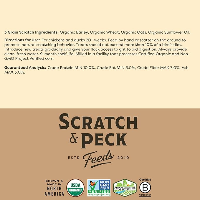 Scratch and Peck Feeds 3 Grain Scratch Chicken and Duck Supplemental Grain - Corn-Free and Soy-Free - 9.8% Protein, Certified Organic and Non-GMO Project Verified Chicken Food - 50 lbs Bag